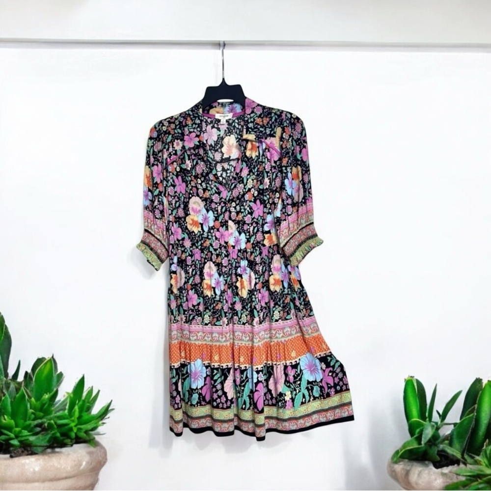 Umgee Floral Boho Multicolor Short Sleeve Casual Dress Size S